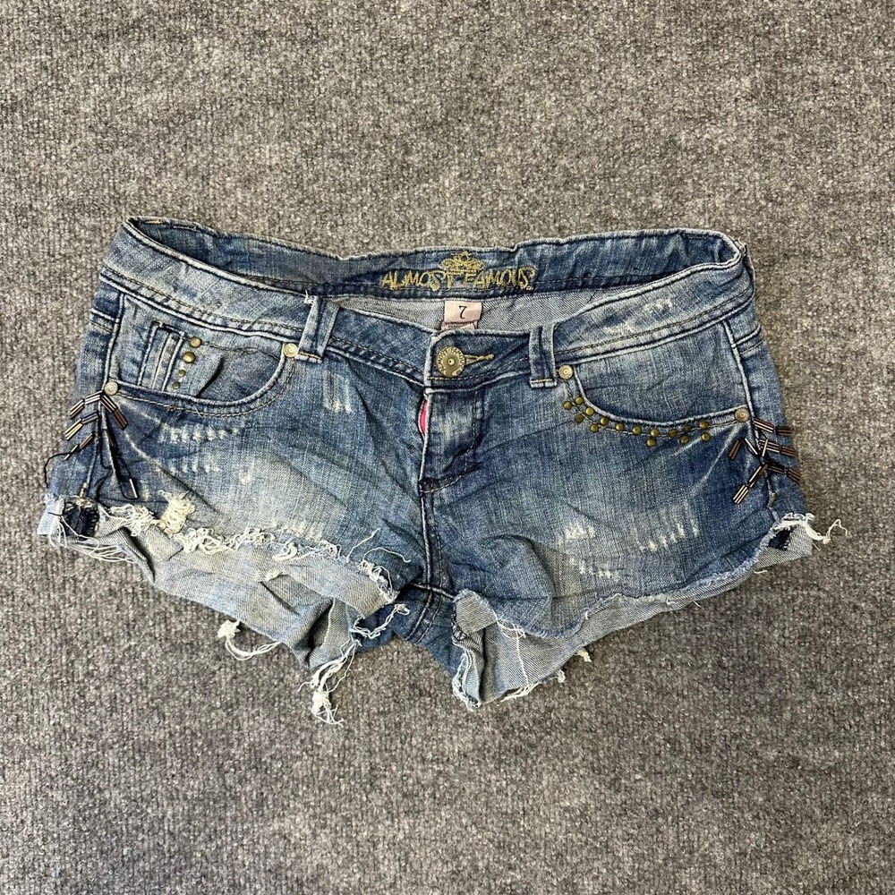 Almost Famous Denim Shorts Womens Size 7 Blue Distressed Studded Beaded Low Rise